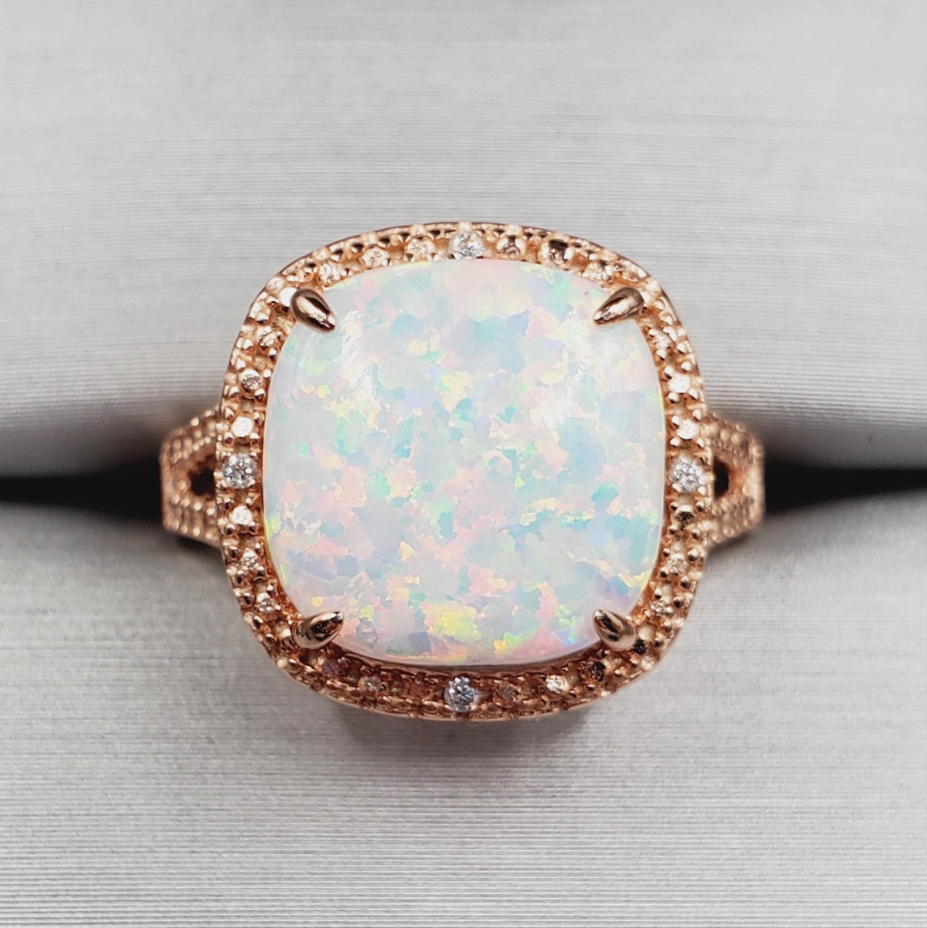 Rose Gold Opal Halo Ring  Iridescent White Opal